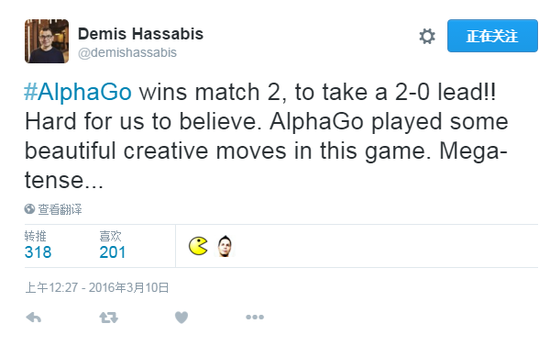 AlphaGo之父发推庆祝2-0领先：难以置信