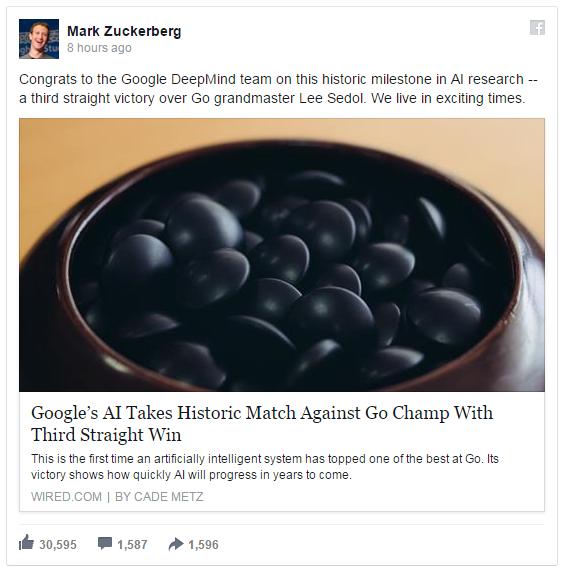 扎克伯格：祝贺竞争对手谷歌AlphaGo取得胜利